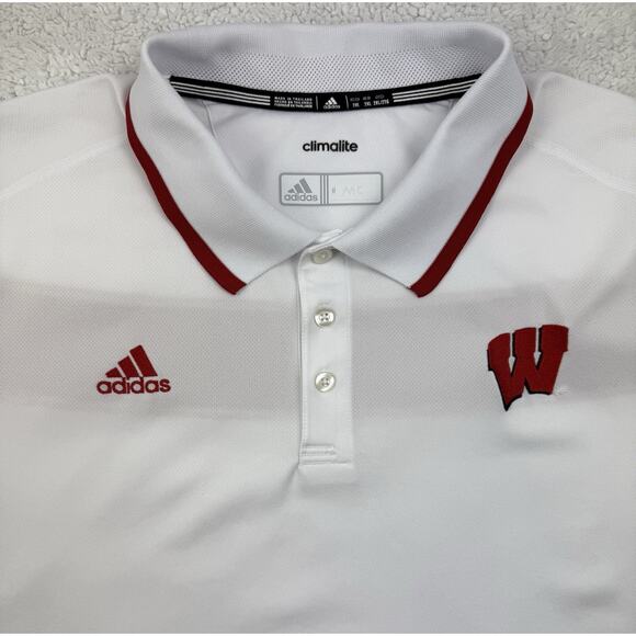 Wisconsin Badgers Polo Shirt Mens XL White Red Adidas Climalite Short Sleeve - Picture 2 of 11